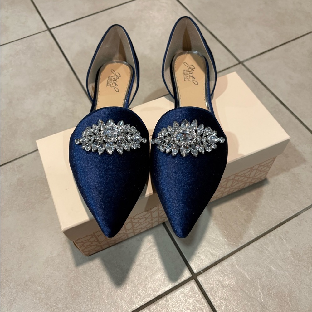 Jewel Badgley Mischka Navy Satin Pointed Toe Flat with Crystal Accent
